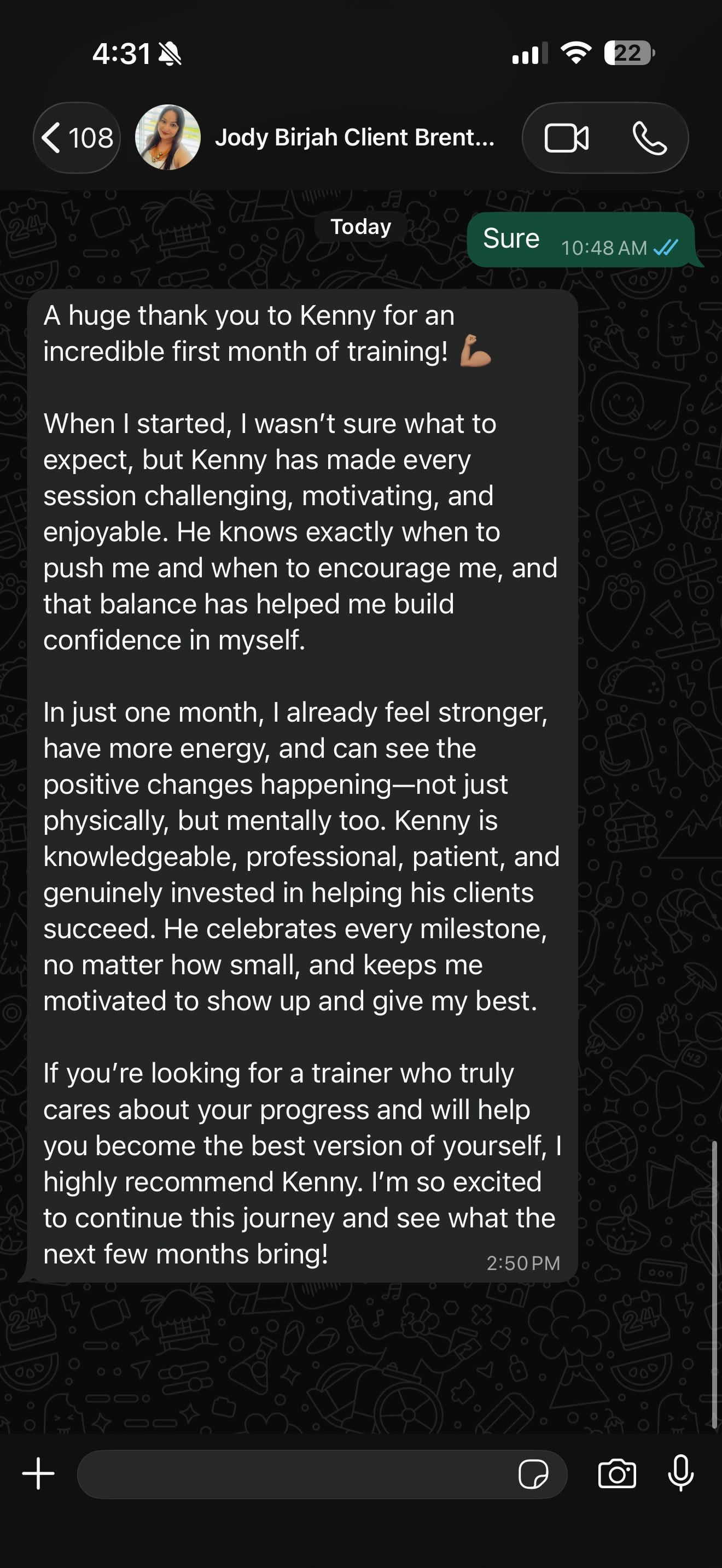 WhatsApp message from client Jody reviewing her first month training with Marine Core Fitness