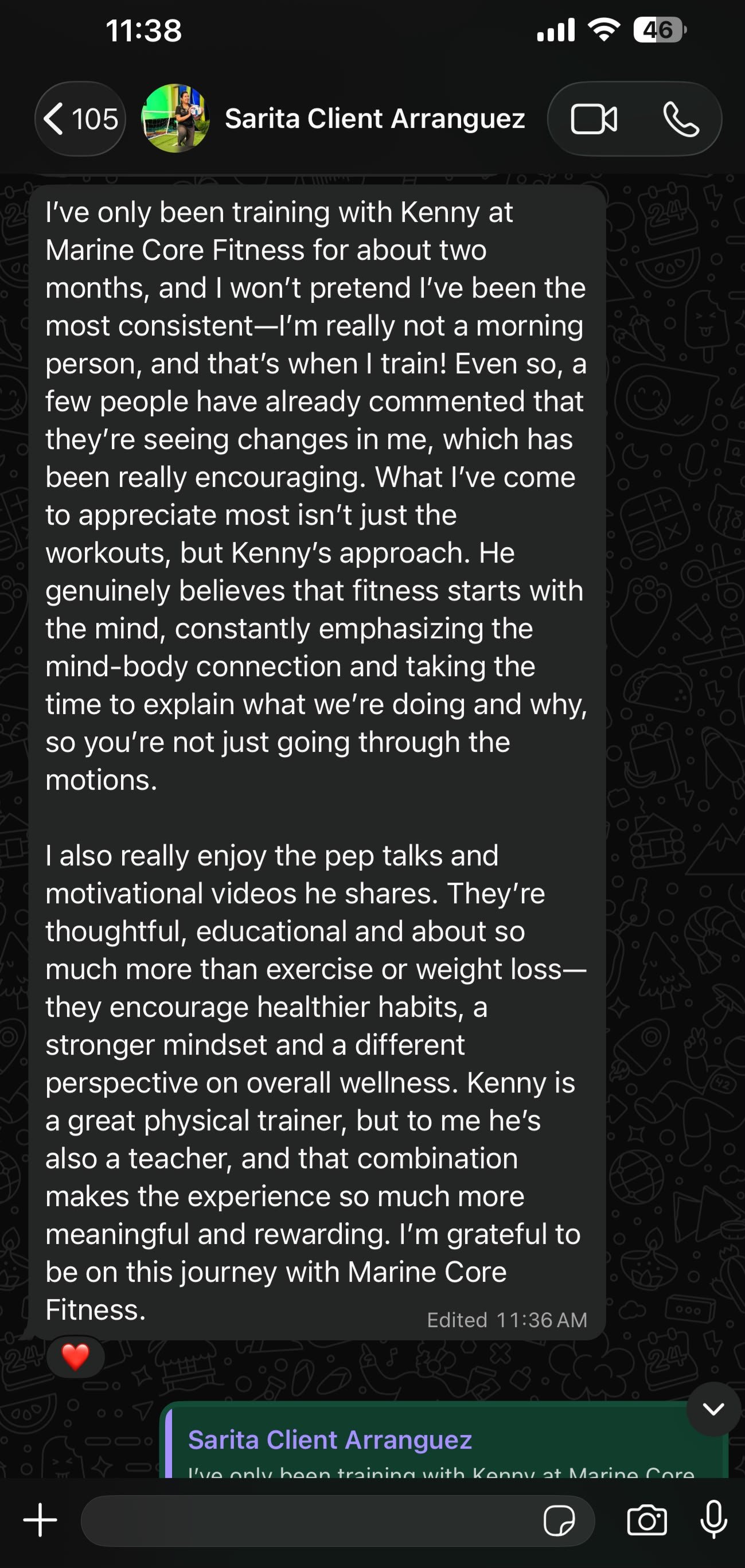 WhatsApp message from client Sarita reviewing her experience training with Marine Core Fitness