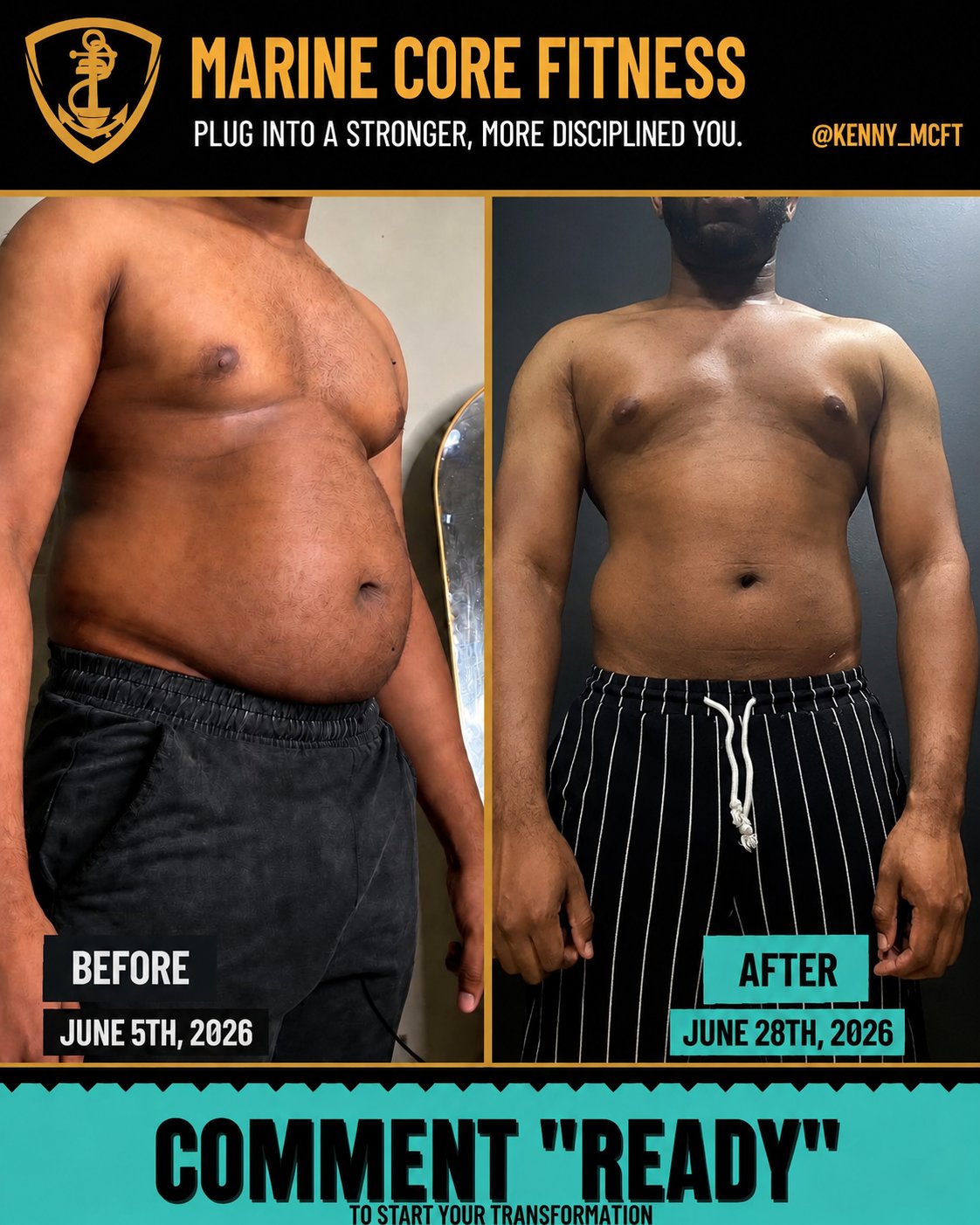 Marine Core Fitness client transformation, before June 5 2026 and after June 28 2026